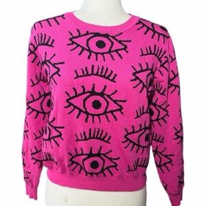 Lizette Collection Sz L (Girl) Pink EVIL EYE Art-to-Wear Funky Sweater Top